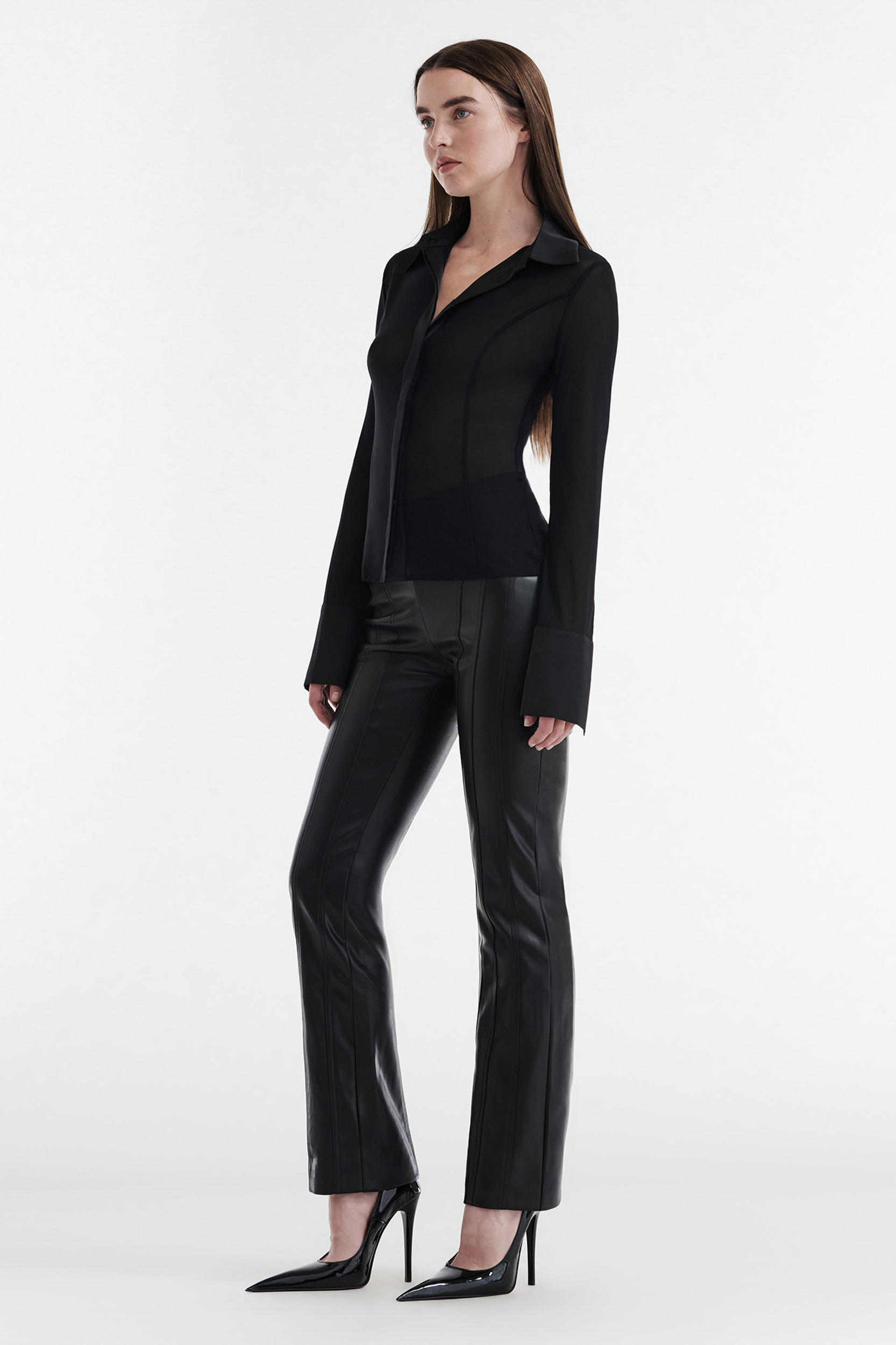 SOLANGE MESH LONG SLEEVE BUTTON UP SHIRT - BLACK