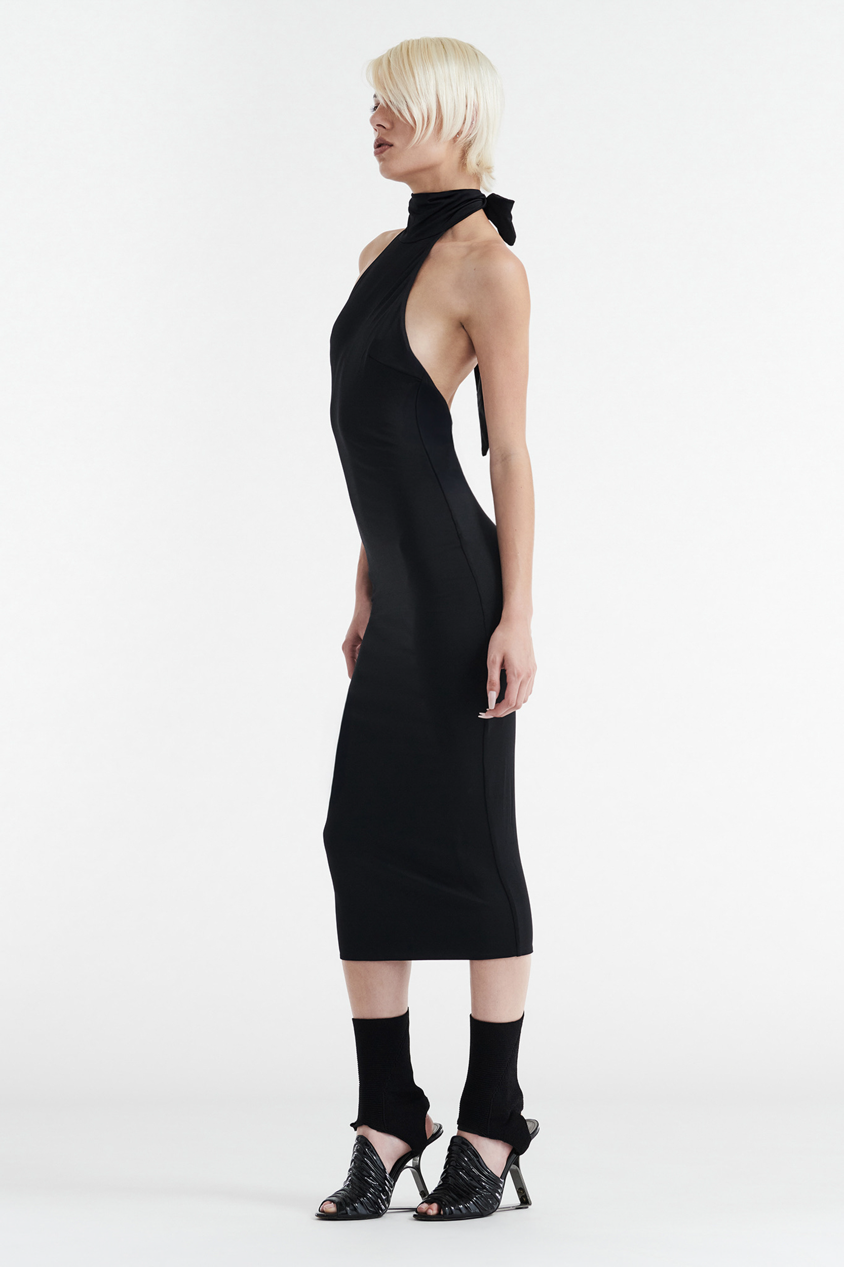 CLEO HALTER TIE MIDI DRESS - BLACK