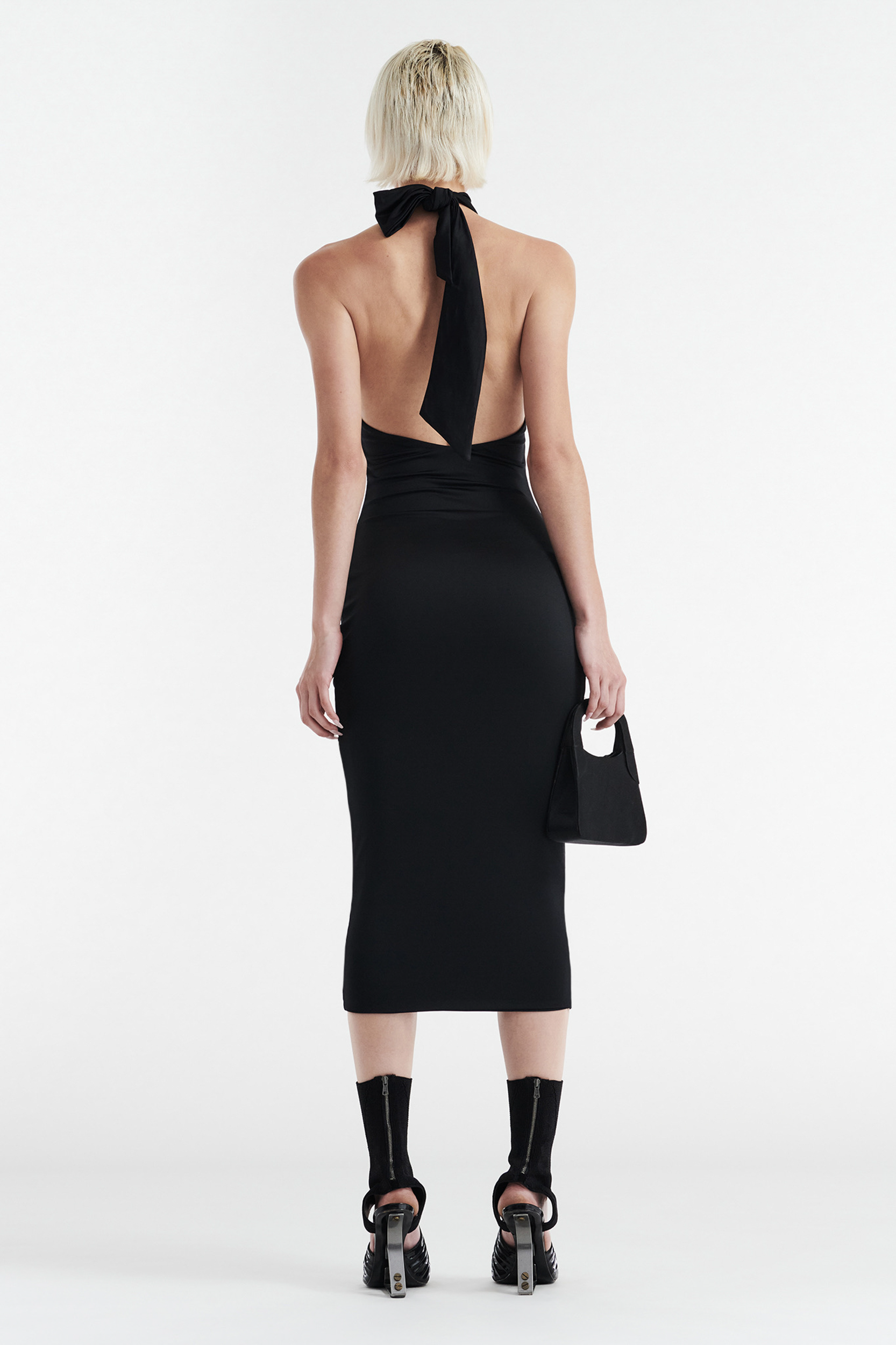 CLEO HALTER TIE MIDI DRESS - BLACK