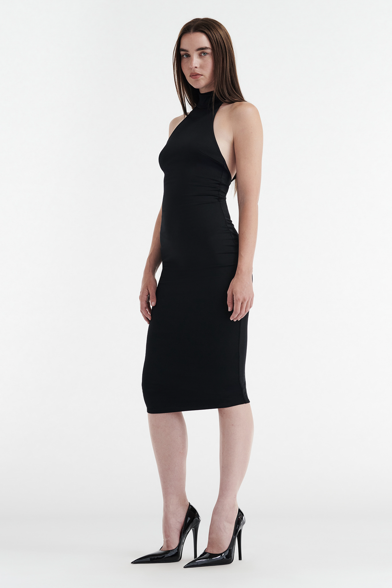 CLEO HALTER TIE MIDI DRESS - BLACK