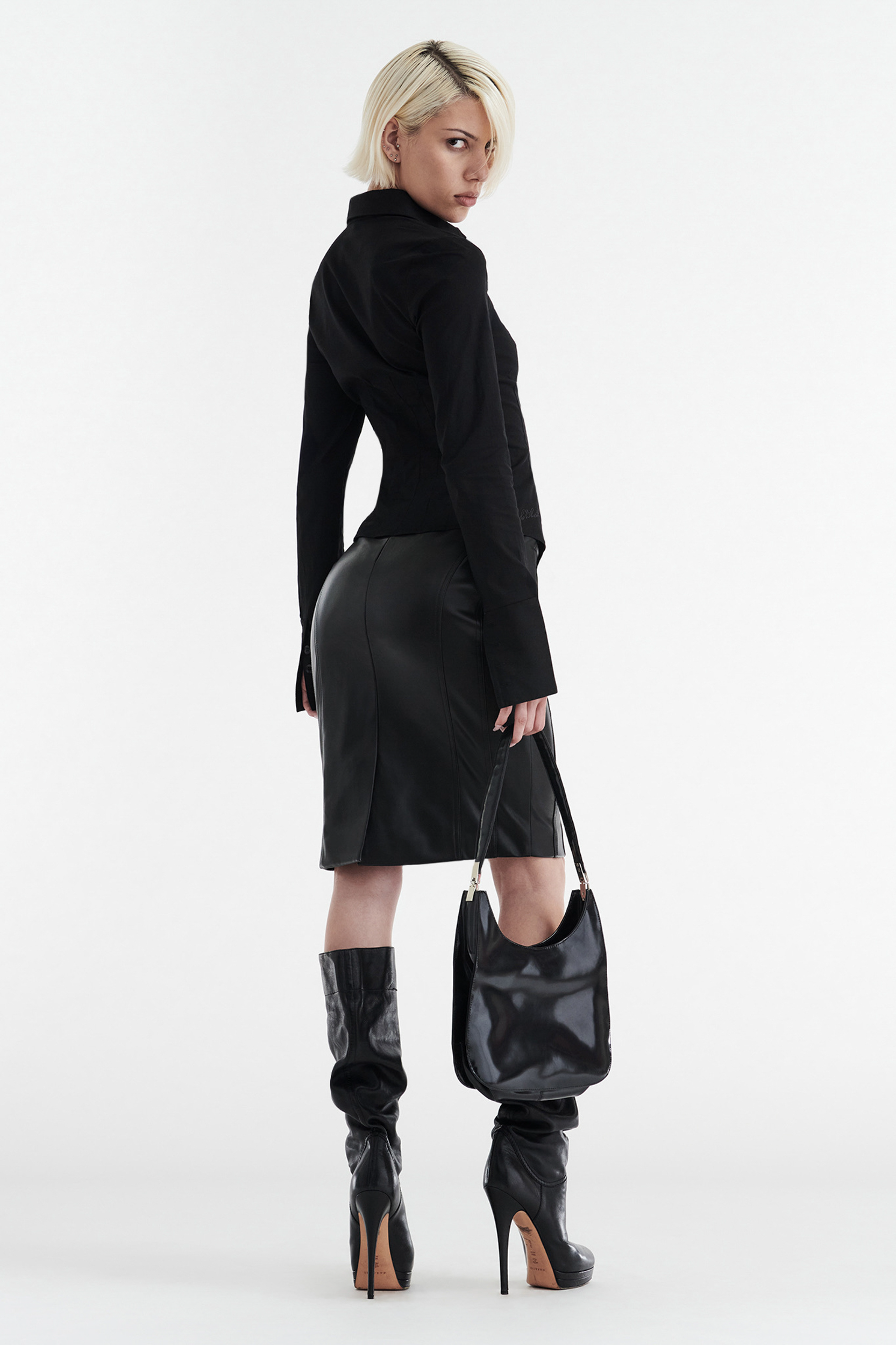 INES FAUX LEATHER PENCIL SKIRT - BLACK