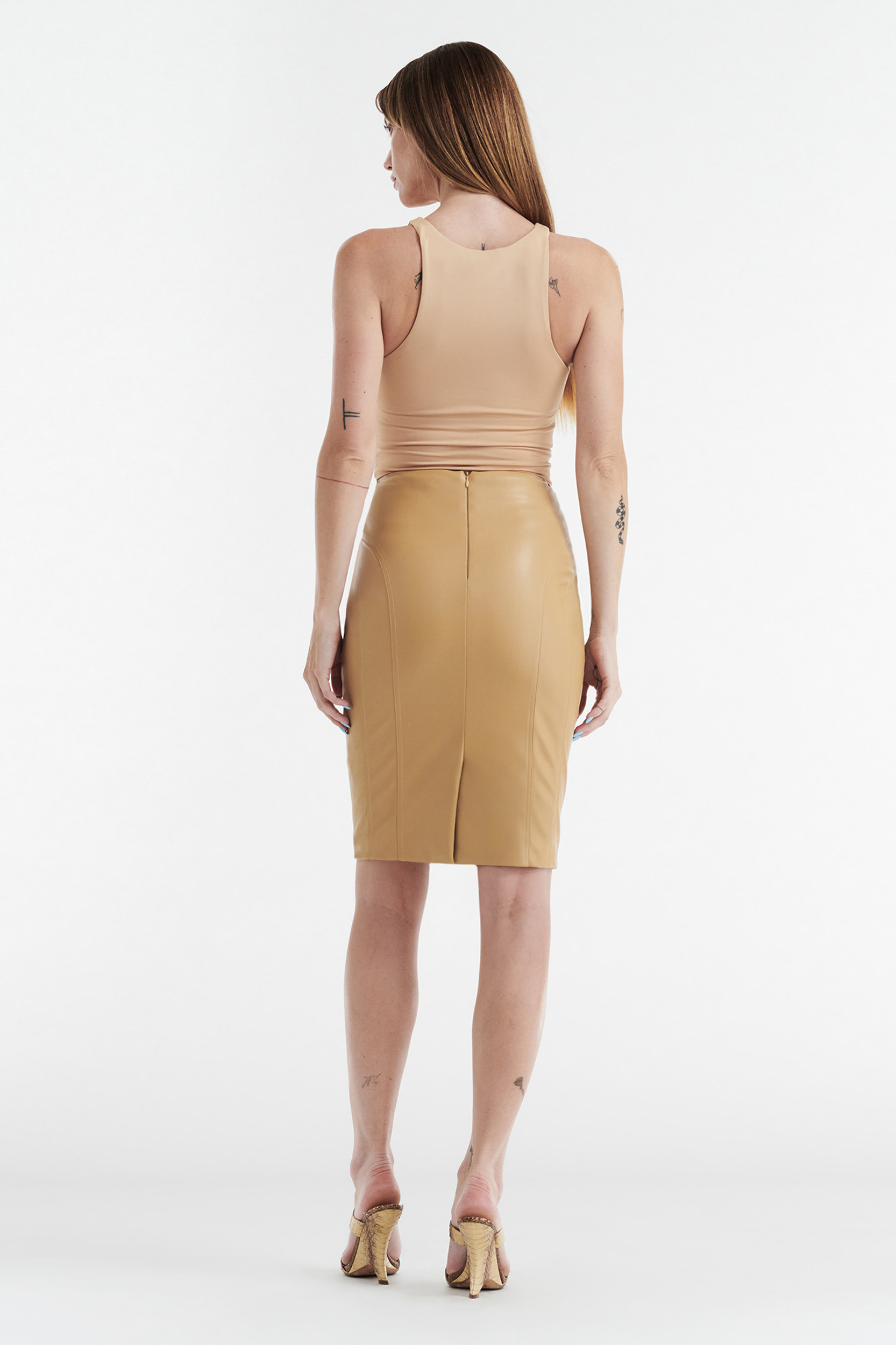 INES FAUX LEATHER PENCIL SKIRT - TAN