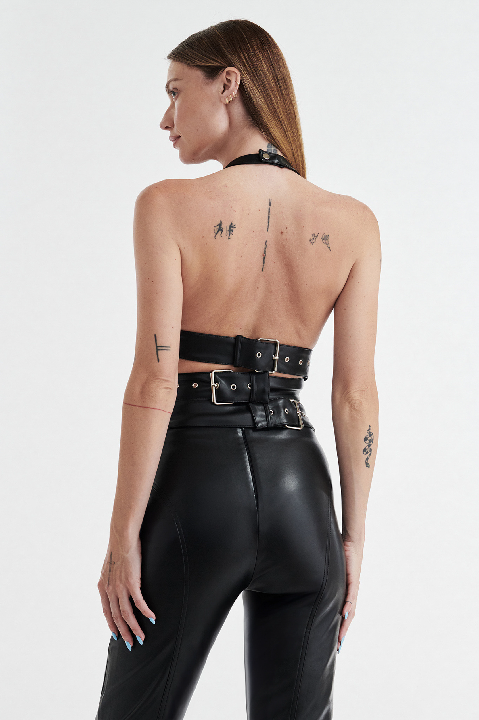 INES ASYMMETRICAL FAUX LEATHER TOP - BLACK