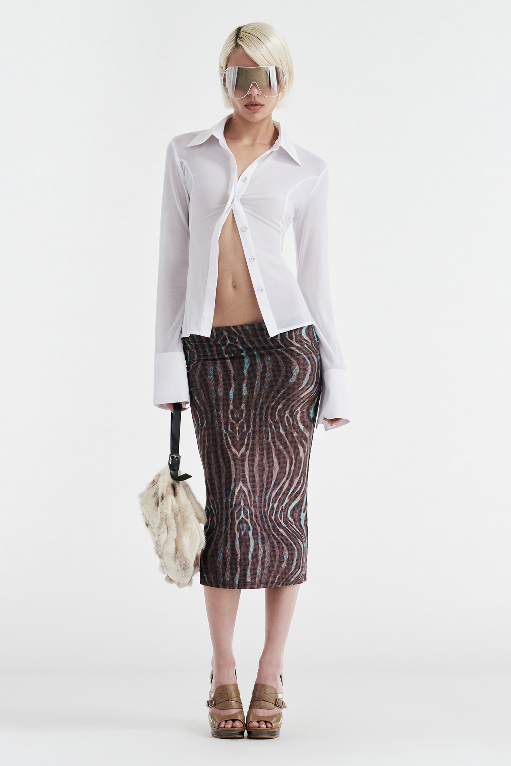 SOLANGE MESH LONG SLEEVE BUTTON UP SHIRT - WHITE