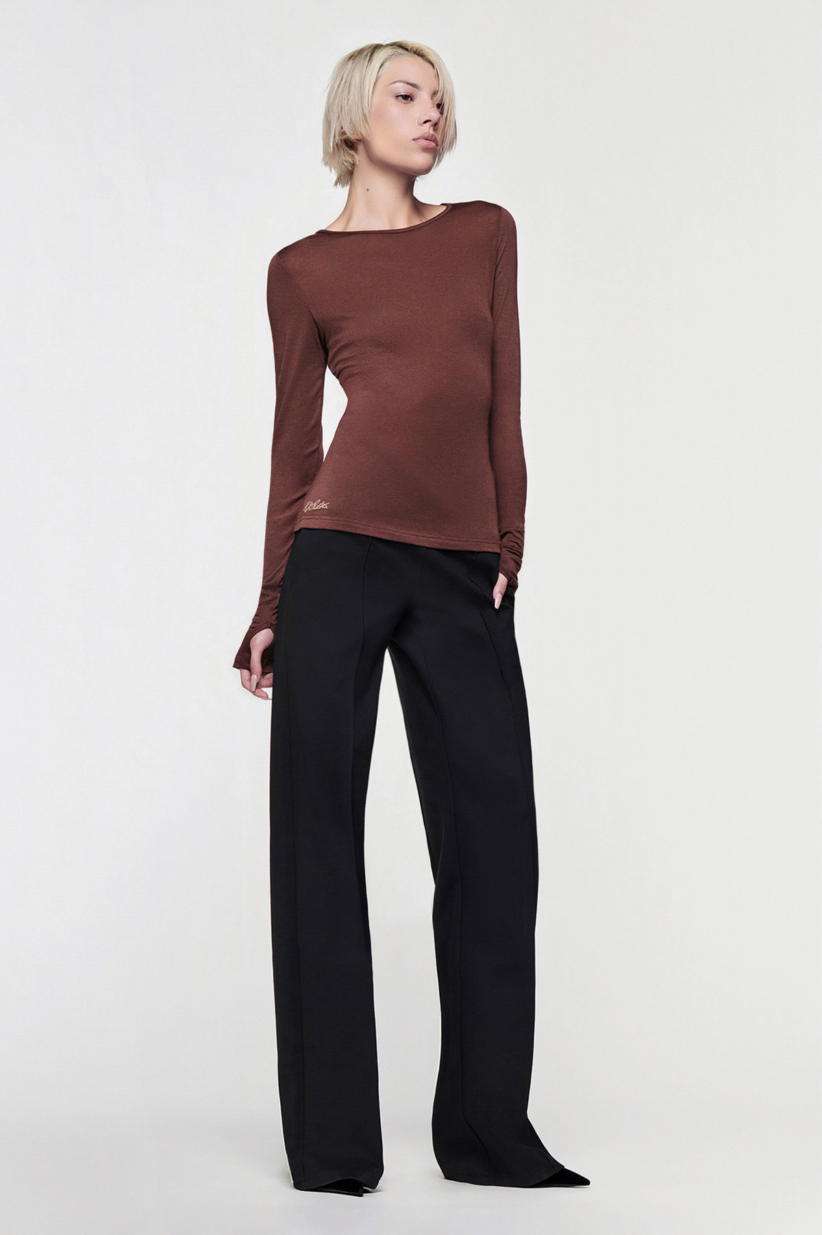 CLAUDIA LONG SLEEVE BASIC TOP - CHOCOLATE
