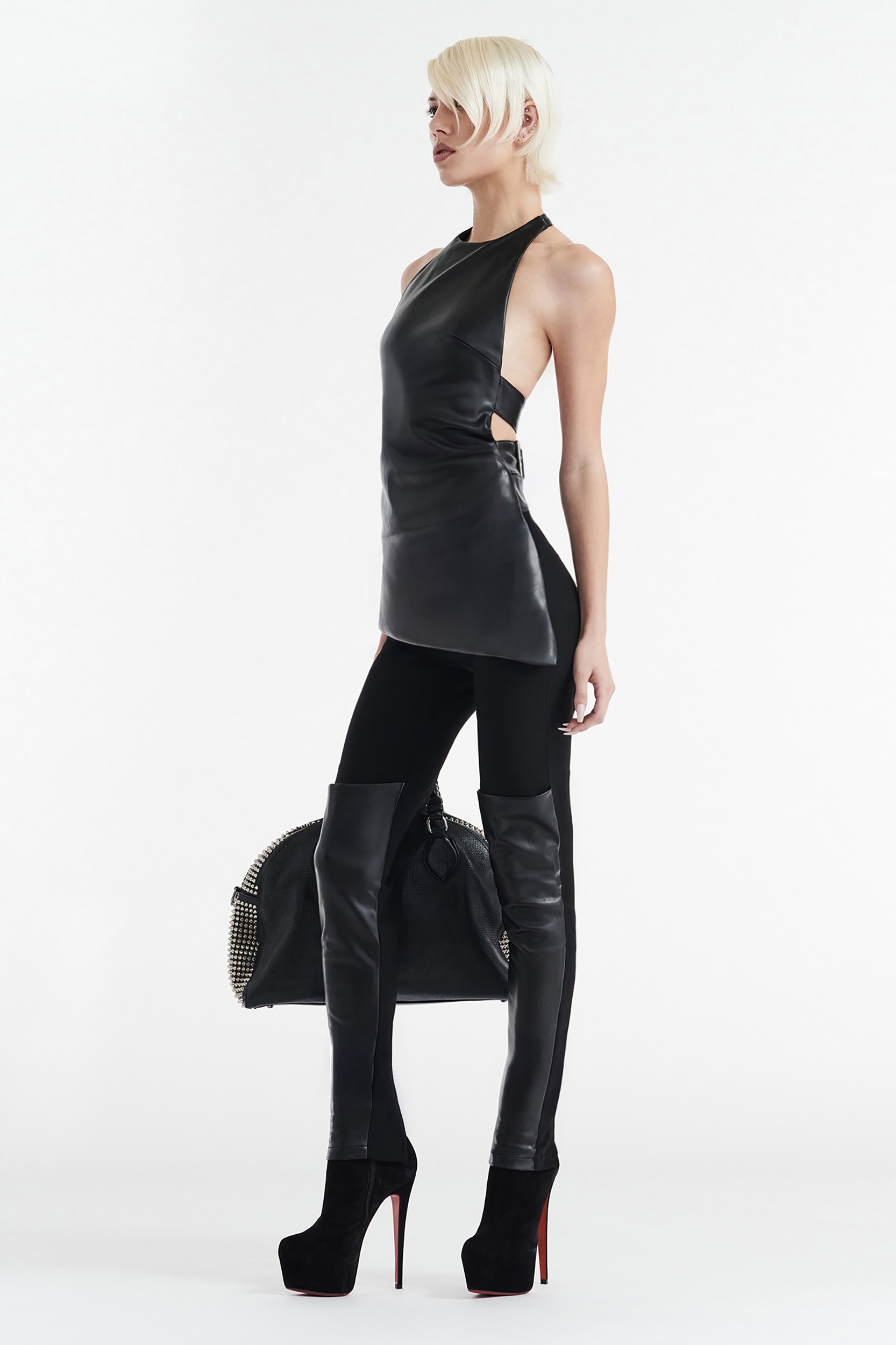 INES ASYMMETRICAL FAUX LEATHER TOP - BLACK