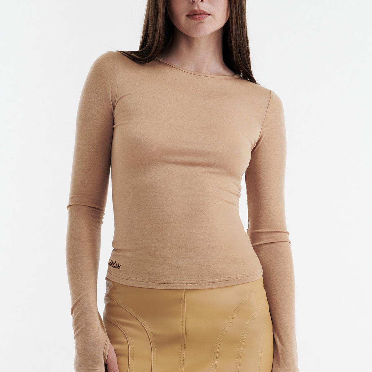 Claudia Long Sleeve Basic Top in Tan | CDP – CDP World US