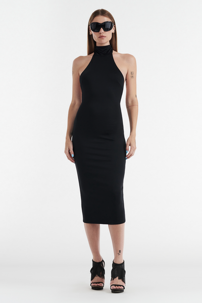 CLEO HALTER TIE MIDI DRESS - BLACK