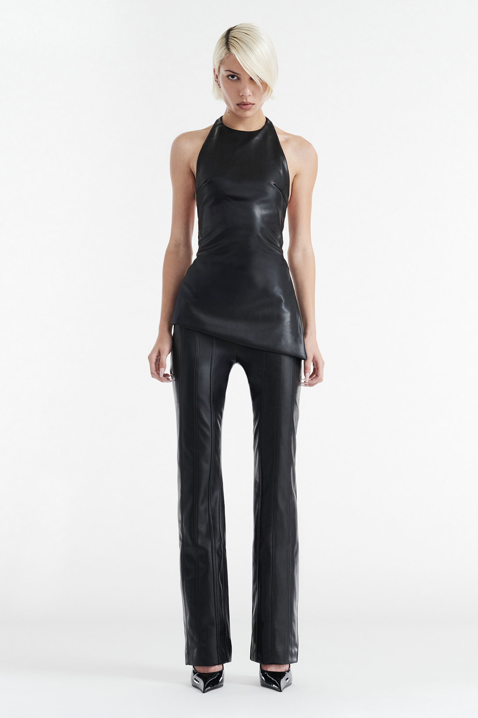 INES ASYMMETRICAL FAUX LEATHER TOP - BLACK