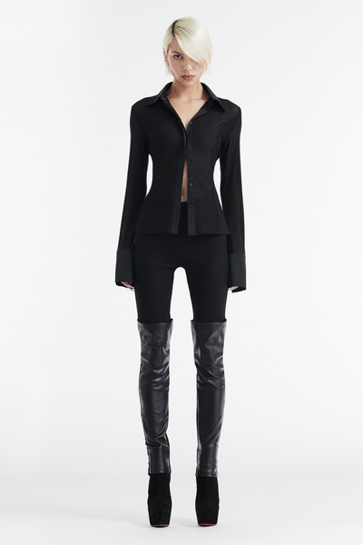SOLANGE MESH LONG SLEEVE BUTTON UP SHIRT - BLACK