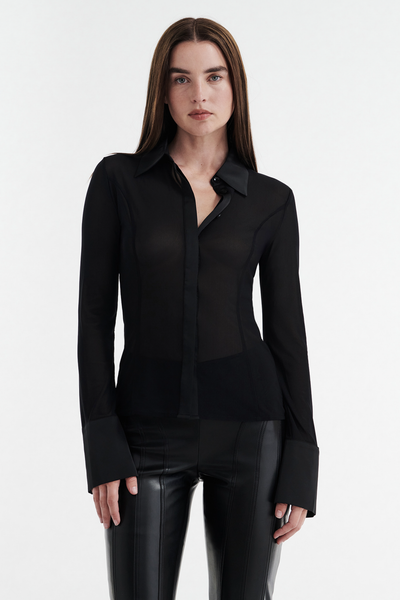 SOLANGE MESH LONG SLEEVE BUTTON UP SHIRT - BLACK